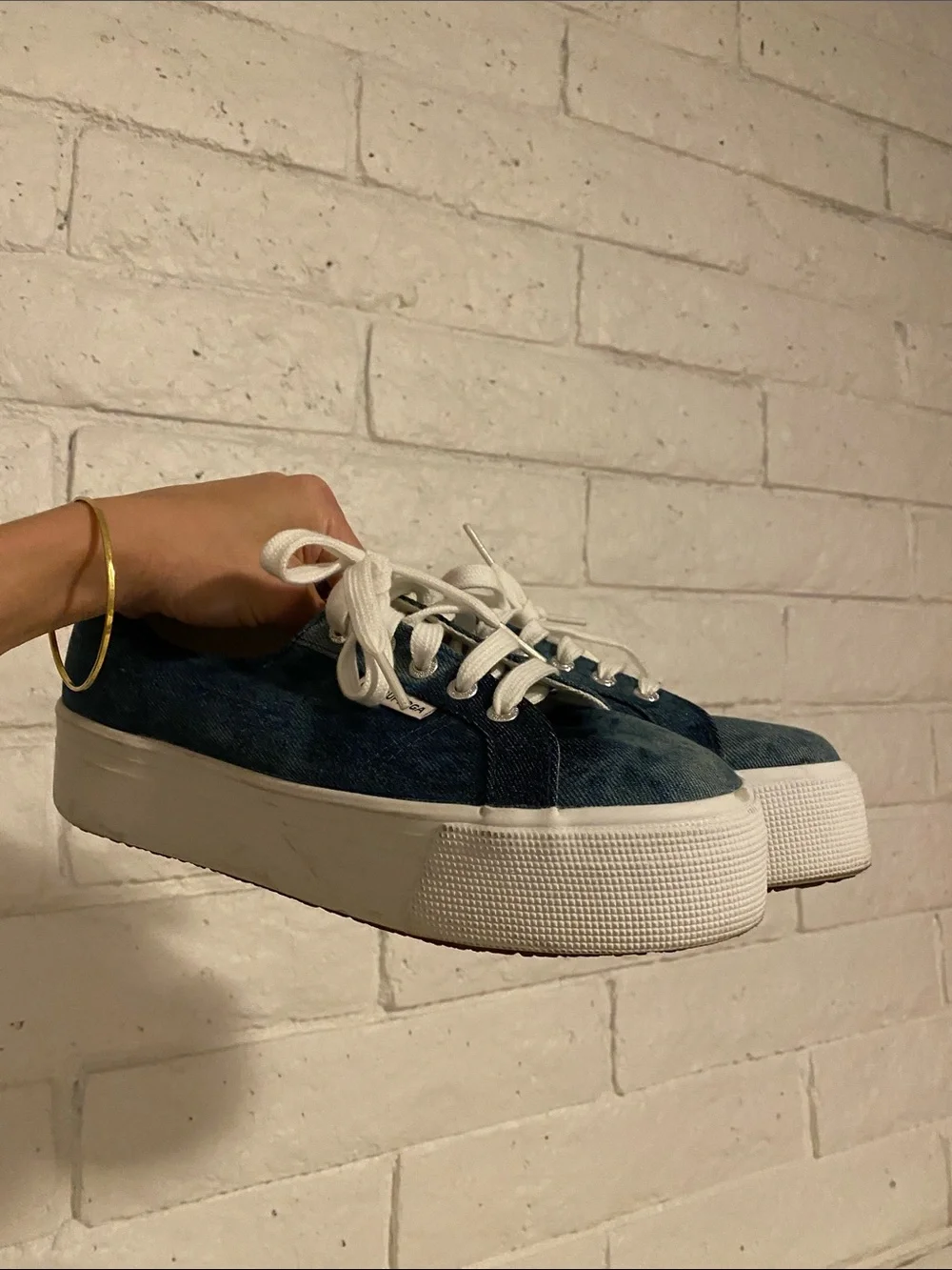🌼 Superga Denim Lace-Up Platform Sneakers in Dark Blue Excellent Condition